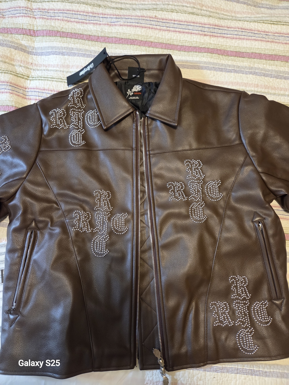 Men's Brown Faux Leather Studded Bomber Jacket - RJC Embellished